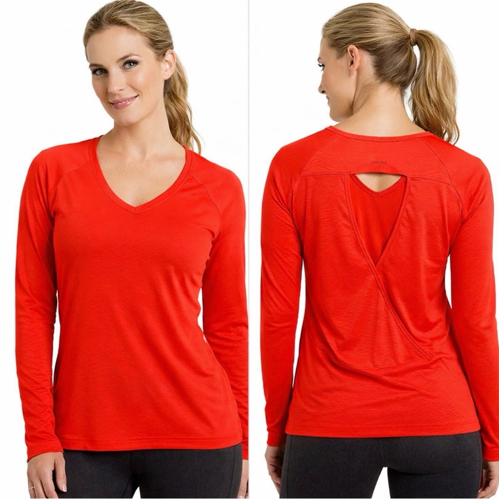 JOCKEY BRIGHT ORANGE LONG SLEEVE RUNNING YOGA TOP XL V-NECK BACK HOLE THUMBHOLES